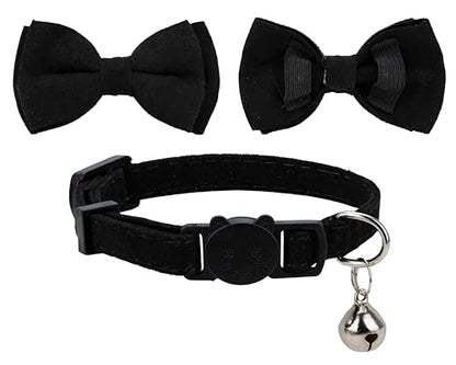 Cat Collar with Bow Tie Bell Breakaway Kitten Small Pet Safety Solid Wedding Basic Pure Color Suede Soft Adjustable [1pc] Black - color: [1pc] Black