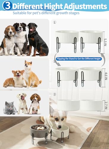 32 oz Ceramic Dog Cat Bowls with Elevated Metal Stand, 2 Heights Elevated, 6.5 Inch Ceramic Round Pet Food and Water Feeder Bowl Dish for Cats & Dogs, White & Grey - color: White & Grey