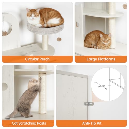 HOOBRO Cat Litter Box Enclosure Furniture for 2 Cats, 2 in 1 Hidden Litter Box Furniture with Sisal Scratching Posts and Dangling Balls, Double Litter Box Cabinet with Cat Tree, Indoor Cat House White