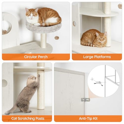 HOOBRO Cat Litter Box Enclosure Furniture for 2 Cats, 2 in 1 Hidden Litter Box Furniture with Sisal Scratching Posts and Dangling Balls, Double Litter Box Cabinet with Cat Tree, Indoor Cat House White