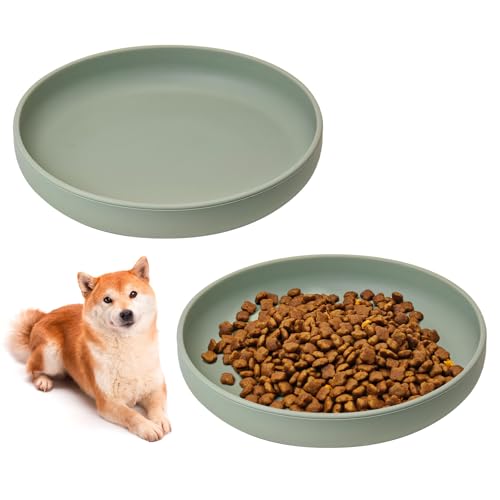 Silicone Dog Bowl Non-Slip Cat Food Plate 2 Pcs Flat Dog Bowls with Suction Cup Shallow Puppy Food and Water Dish for Small and Medium Pets (Gray Green) - color: 2 Pcs - (Gray Green)