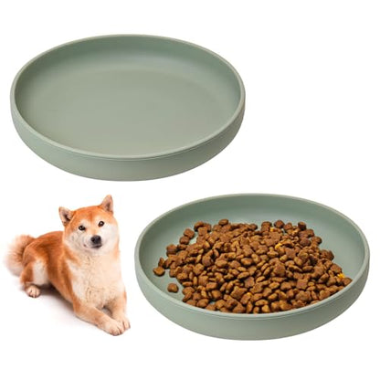 Silicone Dog Bowl Non-Slip Cat Food Plate 2 Pcs Flat Dog Bowls with Suction Cup Shallow Puppy Food and Water Dish for Small and Medium Pets (Gray Green) - color: 2 Pcs - (Gray Green)