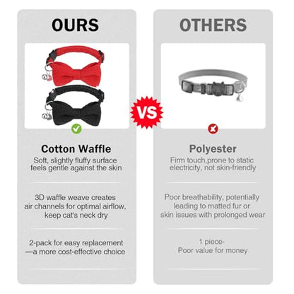 Cat Collar Breakaway with Bells, Soft Cotton Red Cat Bowtie Collar for Girl Cats, Small Cats Collar with Bow for Spring Summer, 2 Pack Cute Kitten Collars with Removable Bowtie 8-12Inch - color: Black + Red