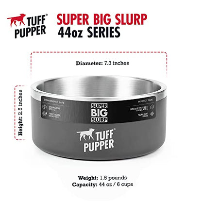 Tuff Pupper Heavy Duty Insulated Dog Bowl | Double Wall Stainless Steel Dog Food Dish | Non-Slip Spill Proof Dishwasher Safe Cat Bowl | Water Dish for Feeding Large Medium Small Pets (44oz, Grey) - color: Cool Grey, size: 44oz