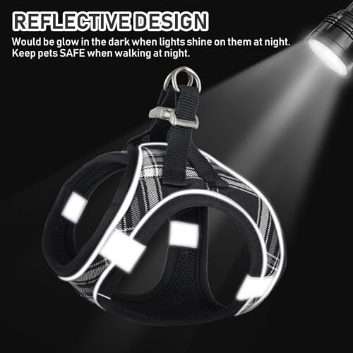 Small Dog Harness Collar and Leash Set, Step in No Chock No Pull Soft Mesh Adjustable Dog Vest Harnesses Plaid Reflective for Dogs Puppy Cats Kitten Rabbit (Black, XS) - color: Black, size: XS