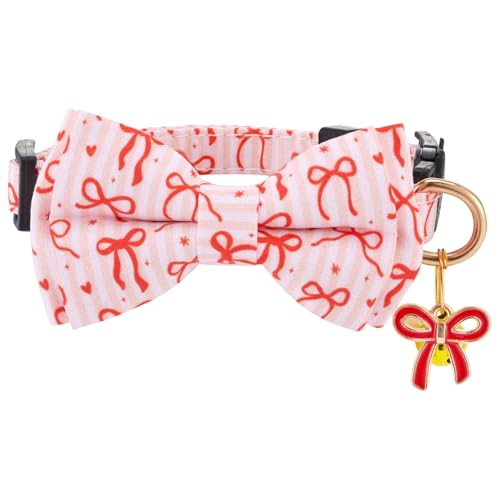 2 Pack Breakaway cat Collar with Bow Tie and Bell,Adjustable Soft Cotton Pet Collar with Pink and Red Bow Patterned Design for Kitten Adult Cats (Pink&Red Bow) - color: Pink&Red Bow