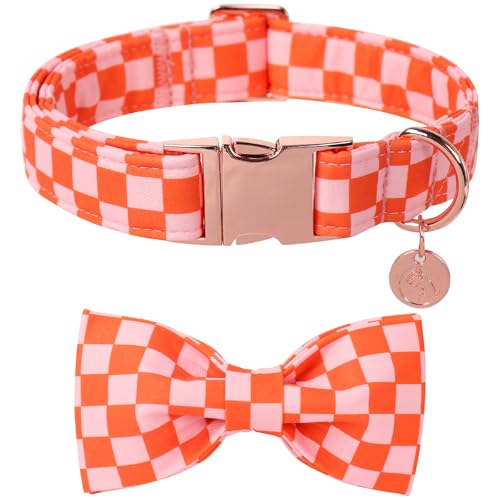 DOGWONG Orange Pink Plaid Dog Collar with Bow - Adjustable and Comfortable Autumn Dog Collar Fall Necklace for Large Medium Small Pet,S - color: A:Orange Plaid, size: S