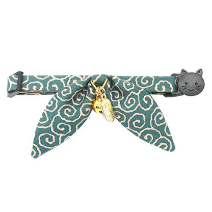 Bunny Ears Cat Collar, Japan Lucky ‘開三運’ Charm. Safety Breakaway Bowtie Kitten Collar with Bell, Light Blue - color: Dark Cyan