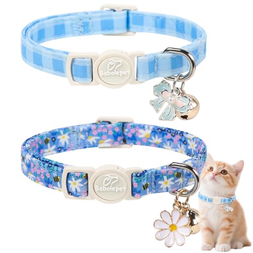 2 Pack Cute Cat Collars - Blue Plaid & Floral Breakaway Cat Collars, Adjustable Boy Girl Kitten Safety Collar for Small Dogs Puppy, Everyday Pet Collar with Bell & Pendant - color: Blue Plaid&Floral