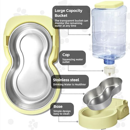 HWONMTE Portable Automatic Cat Feeder and Water Dispenser with Stainless Steel Bowl Dog Gravity Food Feeder and Waterer for Small Medium Pets Puppy Kitten 1 Gallon x 2 (Cream Yellow) - color: Cream Yellow