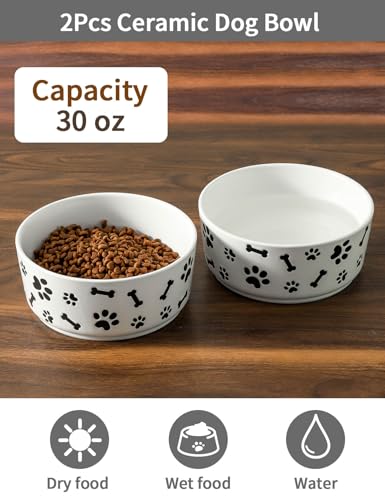 UBEE Ceramic Dog Bowl Set of 2, 6.5 inch Dog Food Bowl Dish with Bone Paw Pattern, Pet Food Water Dish Feeding for Small and Meidum Dogs and Large Cat, White - color: White-dog paw, size: 6.5 inch x 2