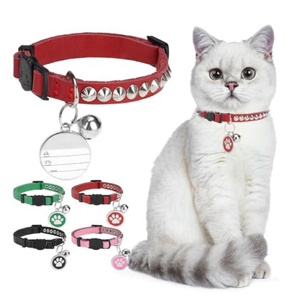 Leather Personalized Breakaway Cat Collar with Studded Bell and Safety Quick Release Buckle - Rivets Studded ID DIY Collars for Boy Girl Cats Kittens, 9" - 11.5" Red - color: Red, size: 9"-11.5"