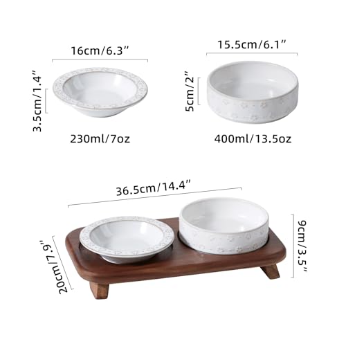 Havniva Cat Food Bowl, 6.1" Raised Cat Bowls with Acacia Wood Stand, Elevated Cat Dishes Ceramic Pet Food & Water Bowl Set, Extra Wide Whisker Friendly Elegant Pet Dish for Kitten, Cats, Puppy - color: 1Bowl+1Dish+Stand- Arctic White