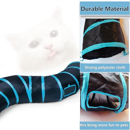 Cat Tunnel Tube Toys，Tunnels for Indoor Cats, S-Shape Blue Collapsible Interactive Toy with Balls for Rabbits, Kittens, Ferrets, Puppy - color: S - 2 Way Black Blue