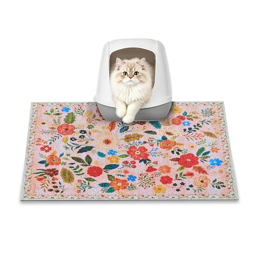 Cat Litter Mat, 24" x 16" Litter Box mat, Upgrade Non-Slip Kitty Litter mat, Traps 100% Litter, Soft on Kitty Paws, Easy Clean for Scatter Control, Bohe cat Food mat, Urine Waterproof - color: Pink Garden, size: Small（24"x16"）