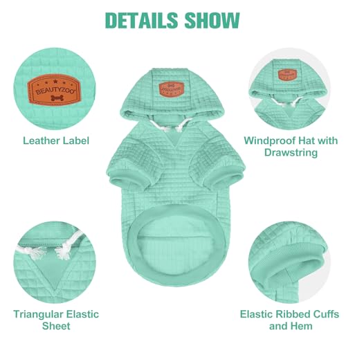 BEAUTYZOO Small Dog Hoodie Sweater with Pockets, Dog Clothes for Small Medium Dogs Boy Girl, Waffle-Like Laminated Cotton Pet Coats with Hat and Leash Hole, Mint Green S - color: Mint Green, size: S (Back: 12",Chest: 16", Neck: 10")