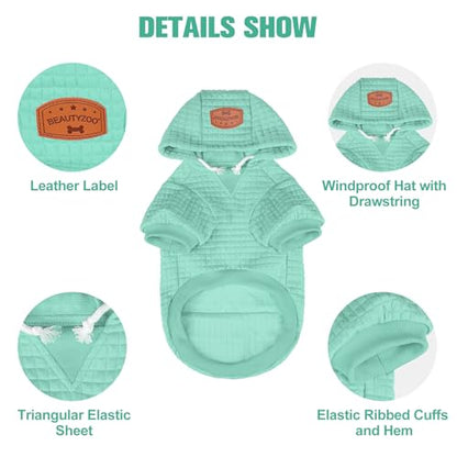 BEAUTYZOO Small Dog Hoodie Sweater with Pockets, Dog Clothes for Small Medium Dogs Boy Girl, Waffle-Like Laminated Cotton Pet Coats with Hat and Leash Hole, Mint Green S - color: Mint Green, size: S (Back: 12",Chest: 16", Neck: 10")