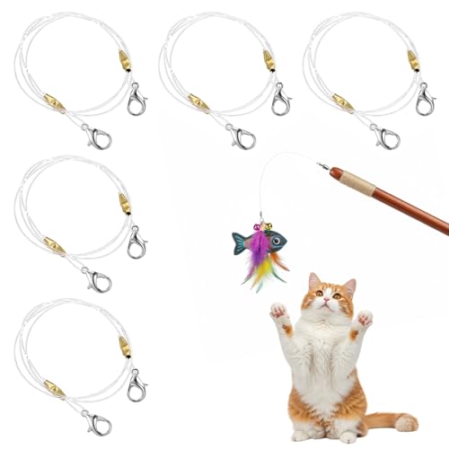 Tucnoeu Replacement Strings for Cat Wand Toy - 5pcs Durable Nylon Strings with Lobster Clasps for All Lures, Cat Stick - 22in Long, Universal Fit