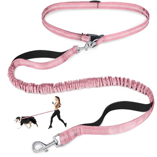 Laqibak Hands Free Dog Leash, Adjustable Waist Leash for Dog Walking, Dual Handle Bungee Dog 4.2-6.7 Feet Long with Reflective Stitches for Walking Hiking Running, Fits 26"- 43" Inch Waist, Pink - color: Pink
