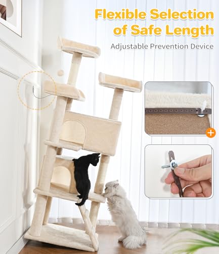 Made4Pets Cat Tree Tower 56in Cat Tower for Indoor Cats Kitten Tree Multi-Level Cat Tree with 2 Condo Furniture Activity Center with Scratching Posts Funny Toys Kittens Pet Play House, Beige - color: Beige