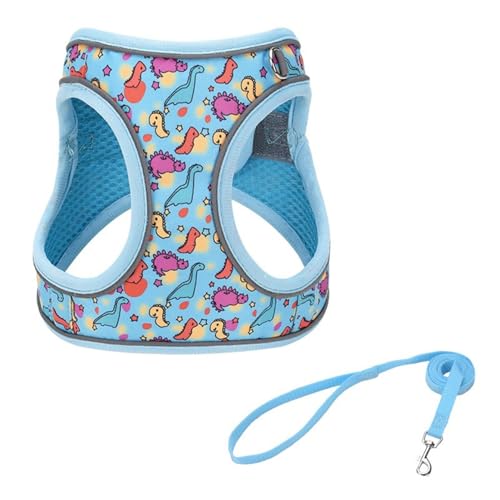 Step in Dog Harness No Pull Dinosaur Adjustable Soft Mesh Padded Reflective Pet Vest Harness and Leash Set for Small Medium Dogs - color: Blue, size: S(neck:10.5"-12",chest:13.5"-16")