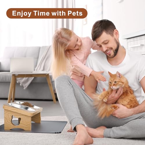 Elevated Cat Bowls, 15° Tilted Raised Cat Food Bowl with Solid Wood Stand & Stainless Steel Dishes, Cat Feeding Station with Silicone Mat, Helps Reduce Vomiting for Cats & Small Dogs(Natural) - color: Natural