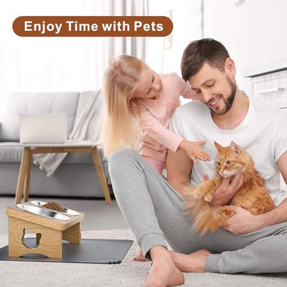 Elevated Cat Bowls, 15° Tilted Raised Cat Food Bowl with Solid Wood Stand & Stainless Steel Dishes, Cat Feeding Station with Silicone Mat, Helps Reduce Vomiting for Cats & Small Dogs(Natural) - color: Natural