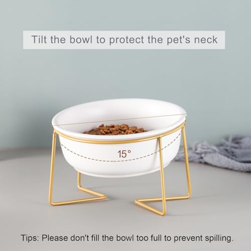 White Large Ceramic Tilted Elevated Cat Dog Bowl Raised Cat Food Water Bowl Dish Pet Comfort Feeding Bowls with Gold Iron Stand - color: White, size: Large