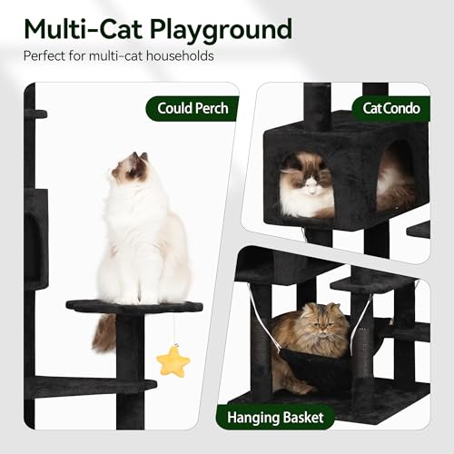 Meecal 79inch Giant Cat Tree for Heavy Duty Big Cats, Multi-Level Luxury Cat Tower with Scratching Post, Cat Condo with Hammocks & Plush Perches for Indoor Cats Large Adult, Black - color: Black