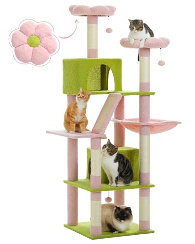 MUTTROS Flower Cat Tree, 70.9" Tall Tree for Indoor Cats, Large Tree for Large Cats, Multi-Level Tower with 6 Scratching Posts, 2 Condos, 2 Perches, Hammock, Pompoms, Pink - color: Pink, size: 70.9inch