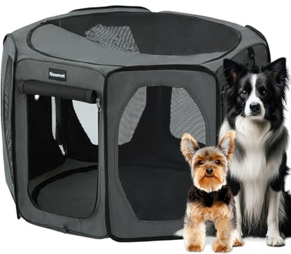 Nasonet Dog Playpen, Cat Dog Crate Portable Pet Exercise Cage Kennel House Puppy Playpen Animal Playpen Indoor/Outdoor, Water-Resistant Kennel Tent with Traveling Bag (Grey, Large)
