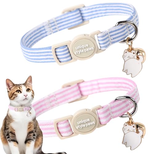 Unique style paws 2 Pack Spring Summer Kitten Collar Breakaway with Bell&Pendant, Adjustable Safety Blue Pink Stripe Cat Cotton Collar for Girl Boy Cat and Small Pet - color: Blue Pink Stripe
