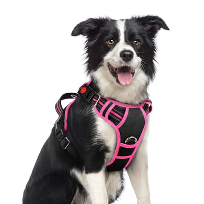 rabbitgoo Dog Harness Medium Sized, No Pull Dog Vest with 3 Buckles, Adjustable Soft Padded Pet Harness with Easy Control Handle and Reflective Strips, Black & Rose Pink, M - color: Black & Rose Pink, size: Medium