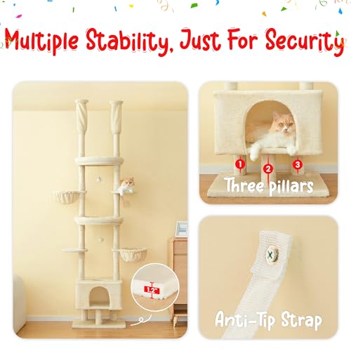 Cat Tree, Floor to Ceiling Cat Tower Adjustable Height [92.9-102.4 in=235-258cm], 7 Tiers Cat Climbing Play House with Scratching Post, Cozy Condo & Hammocks for Indoor Cats, Beige - color: Beige