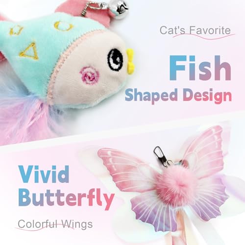 Cat Wand Toys for Indoor Cats - Cat Toy Set with Retractable Teaser Wand and 6 PCS Fairy Feather Toy Refills, Butterfly Tassel Plush Cat Toys Interactive, Pink - color: Pink