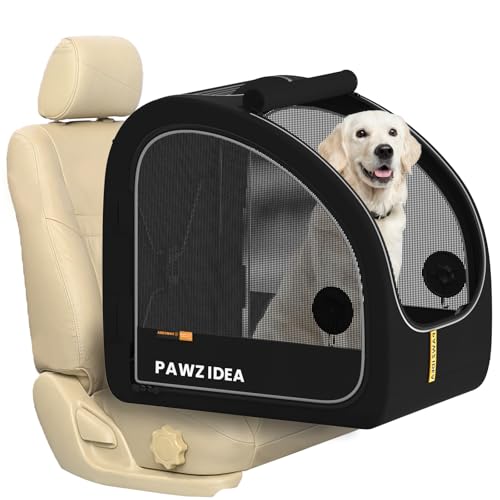 PAWZIDEA Portable Dog Crate for Car Travel, Collapsible Pet Travel Crates for Medium & Large Dogs, Enclosed Soft-Sided Car Kennel Carrier for Backseat, Secures w/Seatbelt & Headrest Strap, Chew-Proof - color: Black Warrior, Large