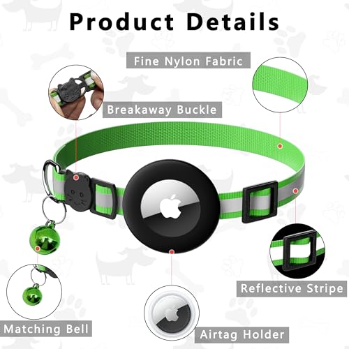 Seyezo Breakaway Airtag Cat Collar, Reflective Cat Collar with Air Tag Holder, Kitten Collar with Bell for Boys Girls Cats, GPS Tracker for Cats 0.4’’ Width Adjustable Safe Kitty Collar, Light Green