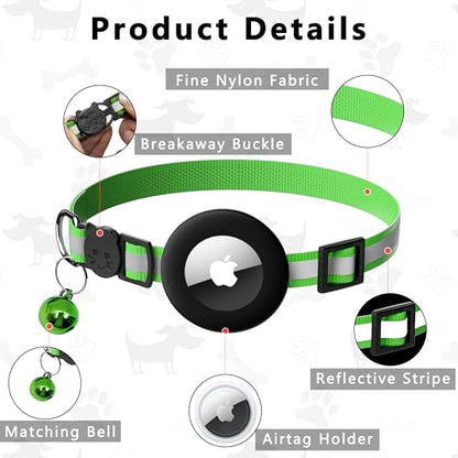 Seyezo Breakaway Airtag Cat Collar, Reflective Cat Collar with Air Tag Holder, Kitten Collar with Bell for Boys Girls Cats, GPS Tracker for Cats 0.4’’ Width Adjustable Safe Kitty Collar, Light Green