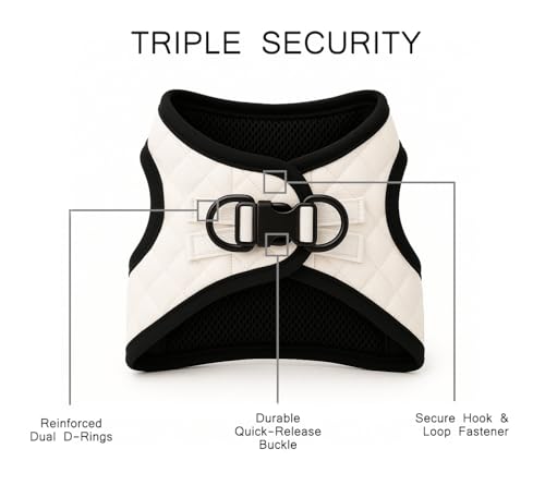 Step in Dog Cat Harness Lightweight Breathable Mesh Soft Padded Pet Vest Vegan Leather Choke Free Escape Proof for Small Medium Dogs (White, Large) - color: White, size: Large: Neck=12.5-14''/Chest:18-21''