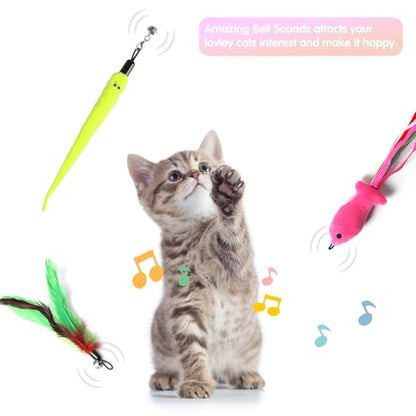 Retractable Cat Toy Wand, 12 Packs Interactive Cat Feather Toys, 9 Assorted Teaser Refills with Bell for Kitten (Pink) - size: 12 PCS