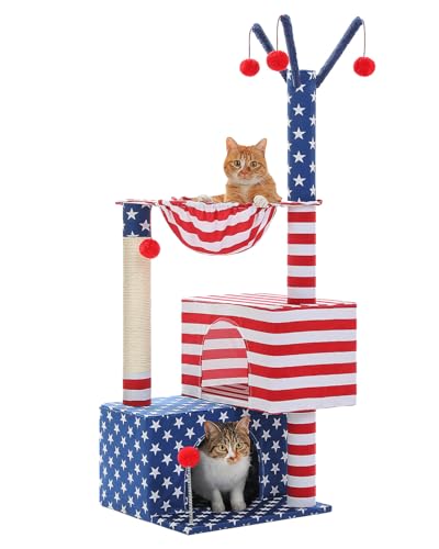 American Flag Cat Tree for Kittens & Senior Cats, 45” Stable Cat Tower Corner Fit, Patriotic Star & Stripes Cat House for Small Spaces with 2 Condos, Hammock & Reinforced Scratching Posts - color: Patriotic Red White & Blue, size: 45 inches