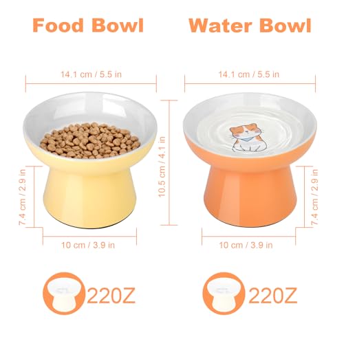 Elevated Cat Bowls,2 Pcs Ceramic Raised Cat Food Bowls with Non-Slip Base,Whisker-Friendly Shallow Design,Lead & Cadmium Free Pet Feeder,Dishwasher and Microwave Safe (Orange&Yellow) - color: Orange&Yellow