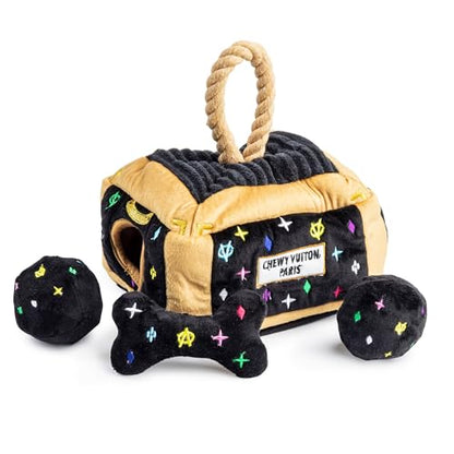 Haute Diggity Dog Chewy Vuiton Trunk Puzzle with 3 Plush Squeaky Dog Toys, Soft Durable Designer-Inspired Stuffed Puppy Chew Toys for Small & Medium Dogs, Machine-Washable (Black Monogram) One Size - color: Black Trunk, size: One Size
