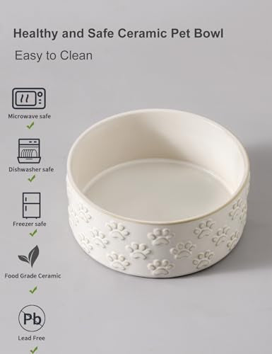 UBEE Ceramic Dog Bowl Set of 2, Dog Food Bowl Dish, Pet Food Water Dish Feeding for Small and Meidum Dogs and Large Cat, White, Paw Pattern, 6.1 in-Medium - size: 6.1 in-Medium