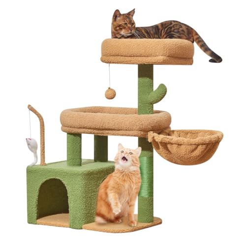 Taoqimiao MS043T Cat Tree, 32.2-Inch Cat Tower for Indoors Cats, Cat Condo with Large Cat Perch, Spacious Cat Cave, Scratching Posts for Small and Medium Cats, Cactus - color: Cactus