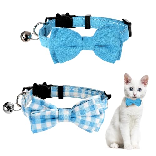 2 Pcs Boy Cat Collar with Bell Breakaway Cat Collars Cute Kitten Bow Tie Collar Adjustable Small Puppy Safety Collar Solid Color Plaid Pet Collar (Blue) - color: blue
