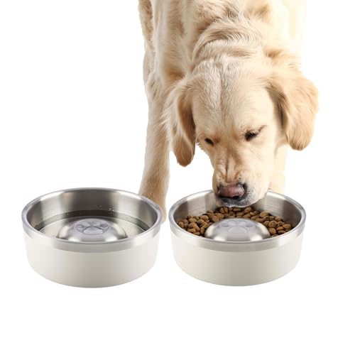 Set of 2 Stainless Steel Slow Feeder Dog Bowls - 60oz/7.5 Cups Double Wall Insulated Food and Water Bowls for Dogs - Non Slip Metal Pet Dishes for Medium to Large Sized Pets by PETMAKER (Cream) - size: 60oz