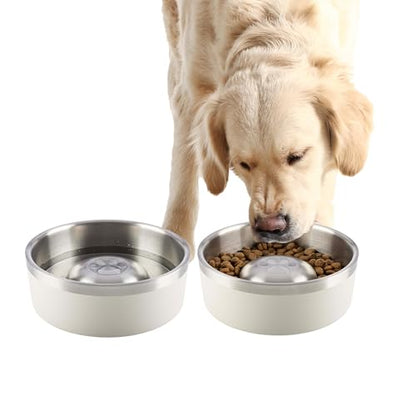Set of 2 Stainless Steel Slow Feeder Dog Bowls - 60oz/7.5 Cups Double Wall Insulated Food and Water Bowls for Dogs - Non Slip Metal Pet Dishes for Medium to Large Sized Pets by PETMAKER (Cream) - size: 60oz