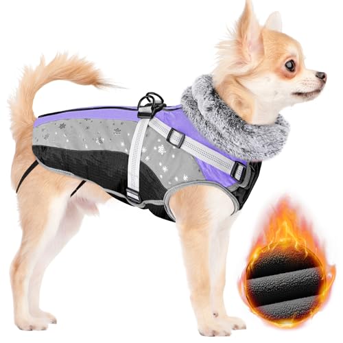 SlowTon Dog Jacket with Harness Built in - Waterproof Fleece Winter Warm Dog Coats for Small Medium Dogs, Reflective Adjustable Furry Puppy Vest Clothes for Outdoor Walking (PU, XS) - color: Purple & Black, size: X-Small (Chest 11.8"-13.8")