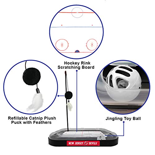 Pets FIrst Cat Scratching Toy NHL New Jersey Devils Hockey Field Cat Scratcher Tiy with Interactive Cat Ball Bell in Tracks. 5-in-1 CAT Toy - color: New Jersey Devils